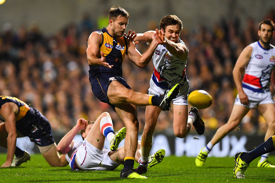 AFL 2016 Second Elimination Final - West Coast v Western Bulldogs PERTH, AUSTRALIA - SEPTEMBER 08: Mitch Brown of the Eagles snaps on goal past Joel Hamling of the Bulldogs during the 2016 AFL Second Elimination Final match between the West Coast Eagles and the Western Bulldogs at Domain Stadium on September 08, 2016 in Perth, Australia. (Photo by Daniel Carson/AFL Media)